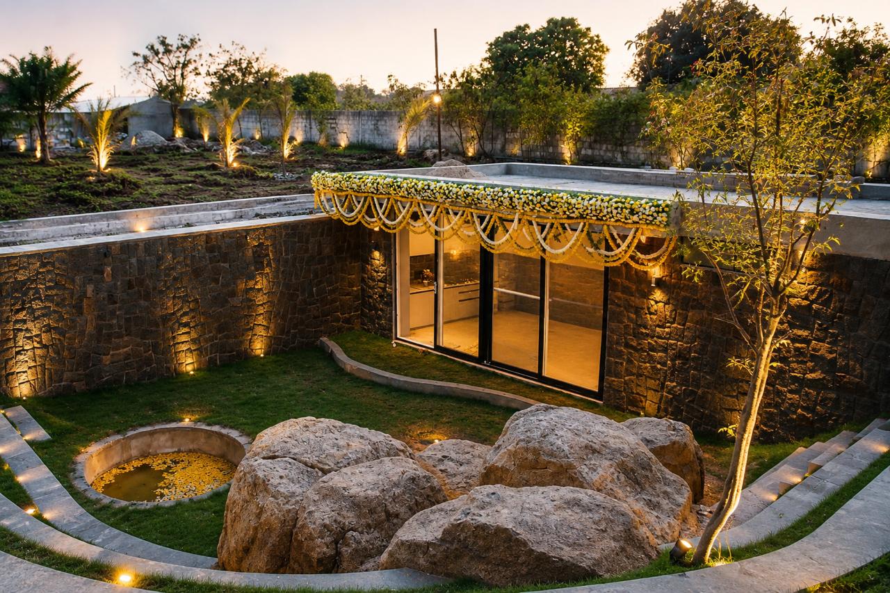 Sunken stone courtyard with boulders and reflecting pool at Ikshvaku Vanam, lit at dusk