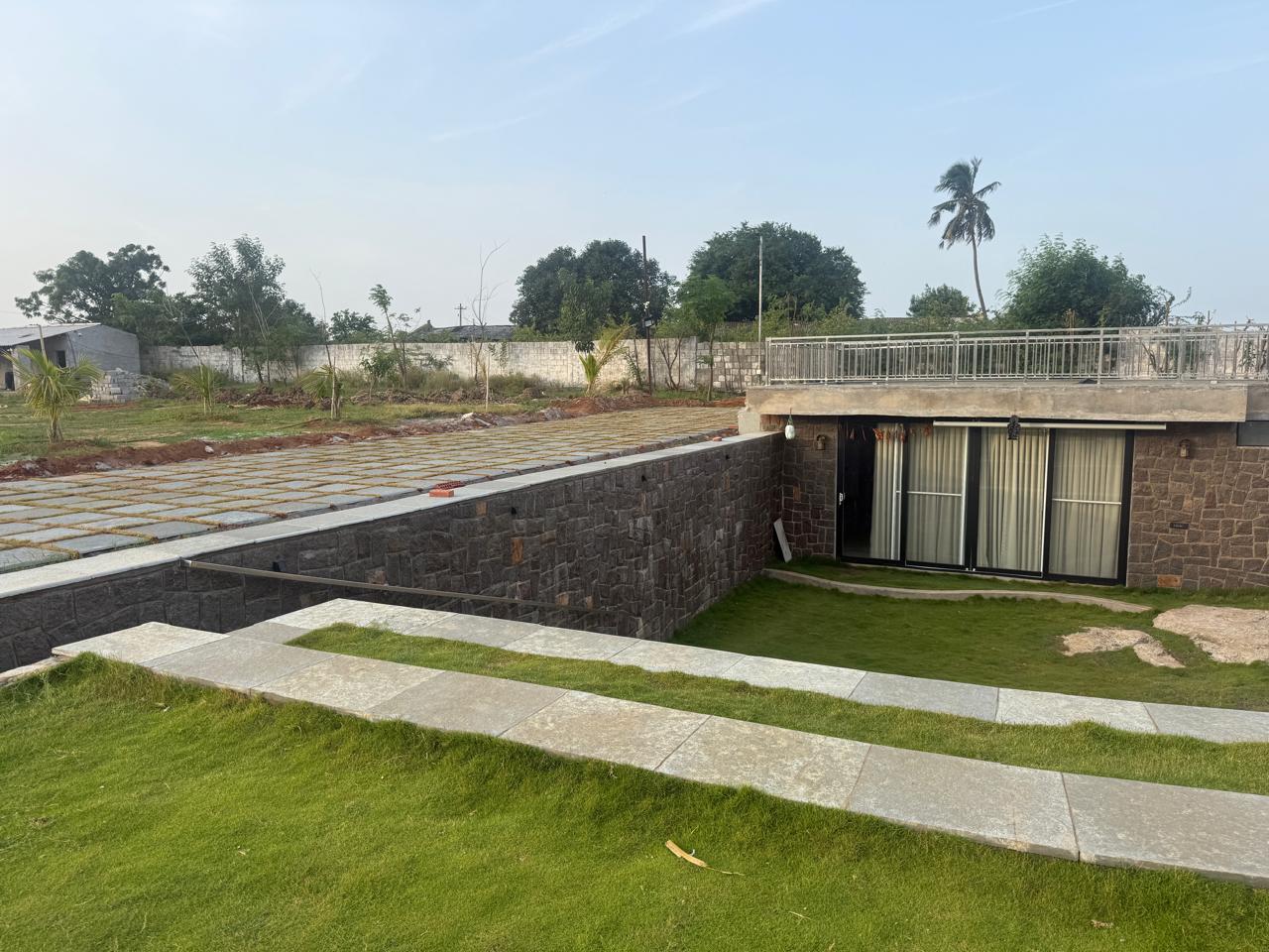 Full length of the farmhouse roof beside the palm tree