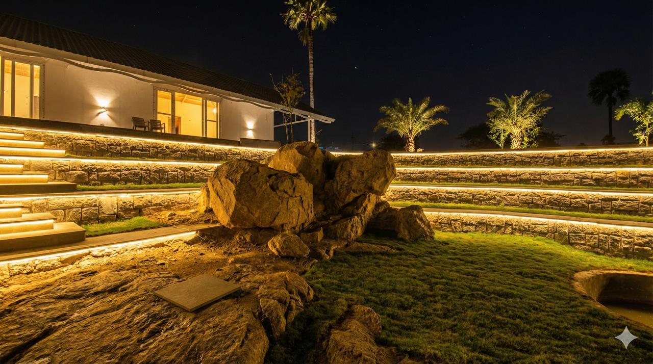 Boulders in the stone courtyard lit up at night