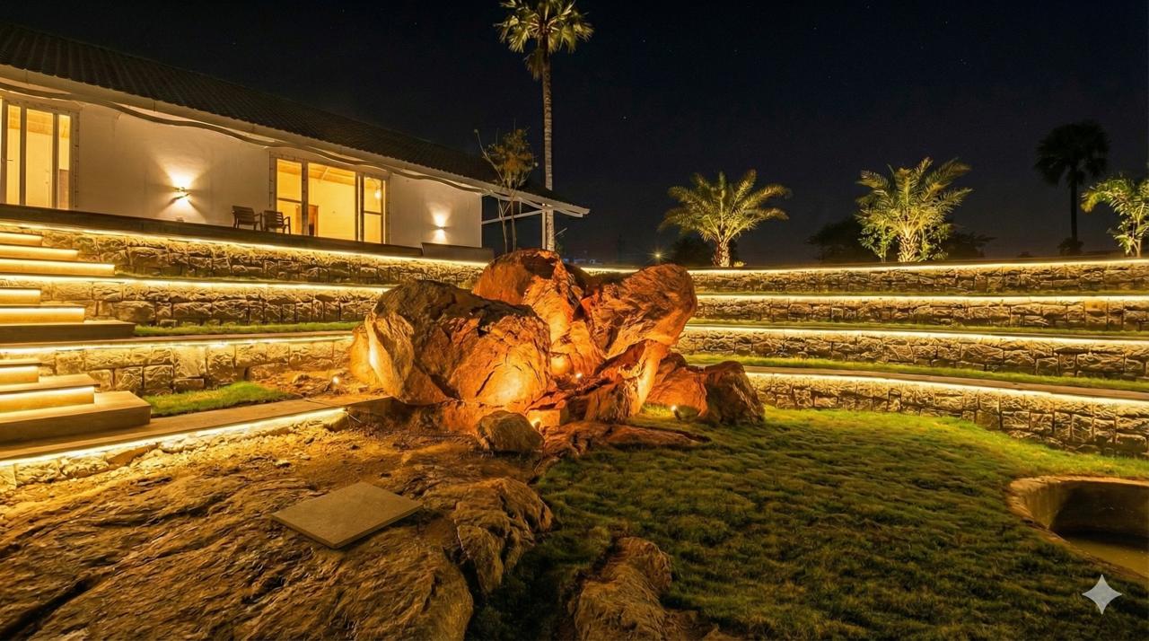 Night view of the lit boulder courtyard