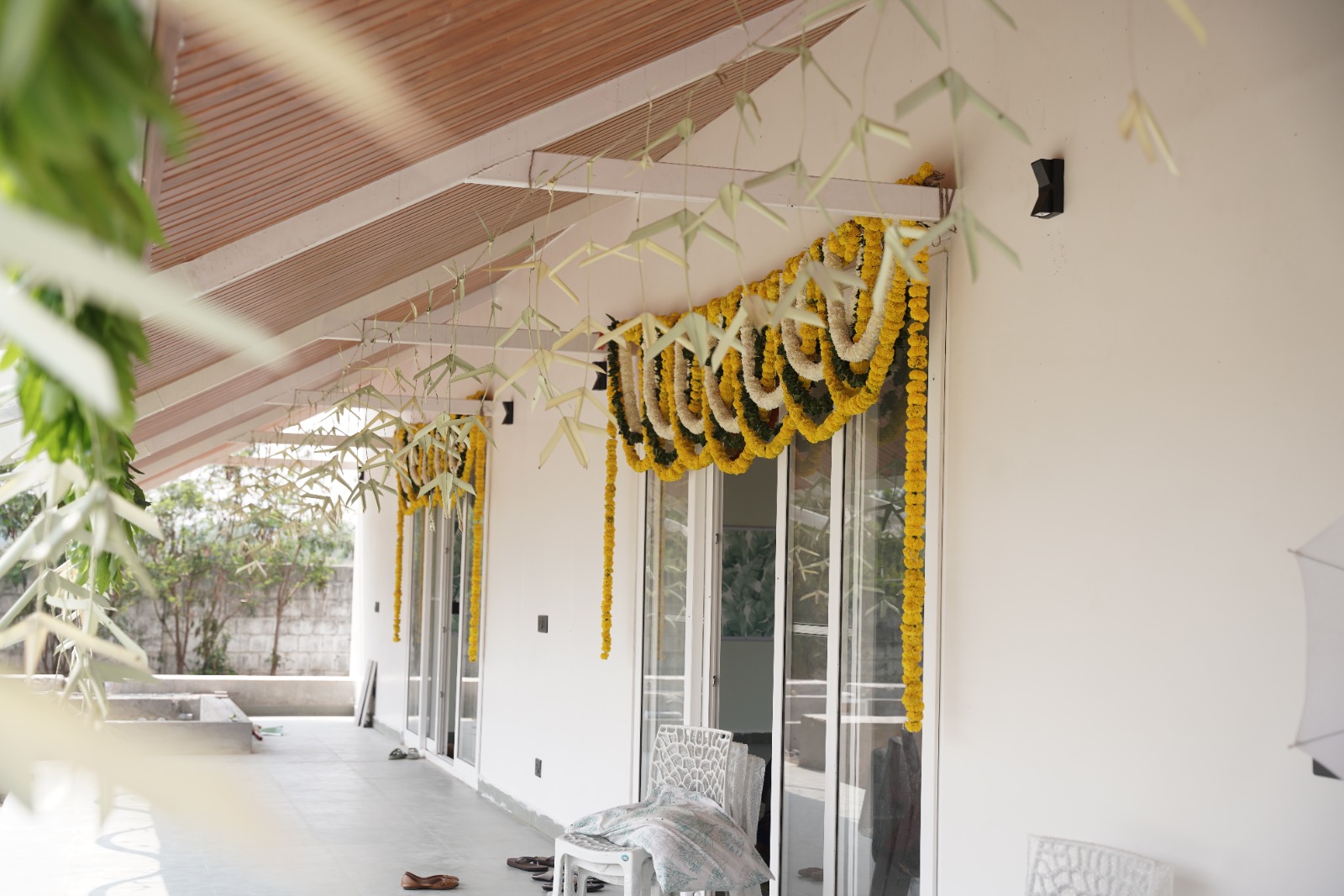 Veranda with wood-lined eaves